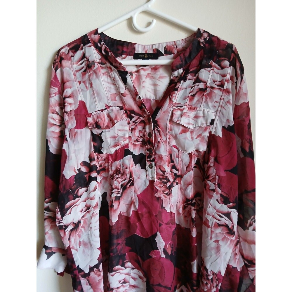 Time Line women's  1/2 button floral print top size 3XL Roll Tab sleeve